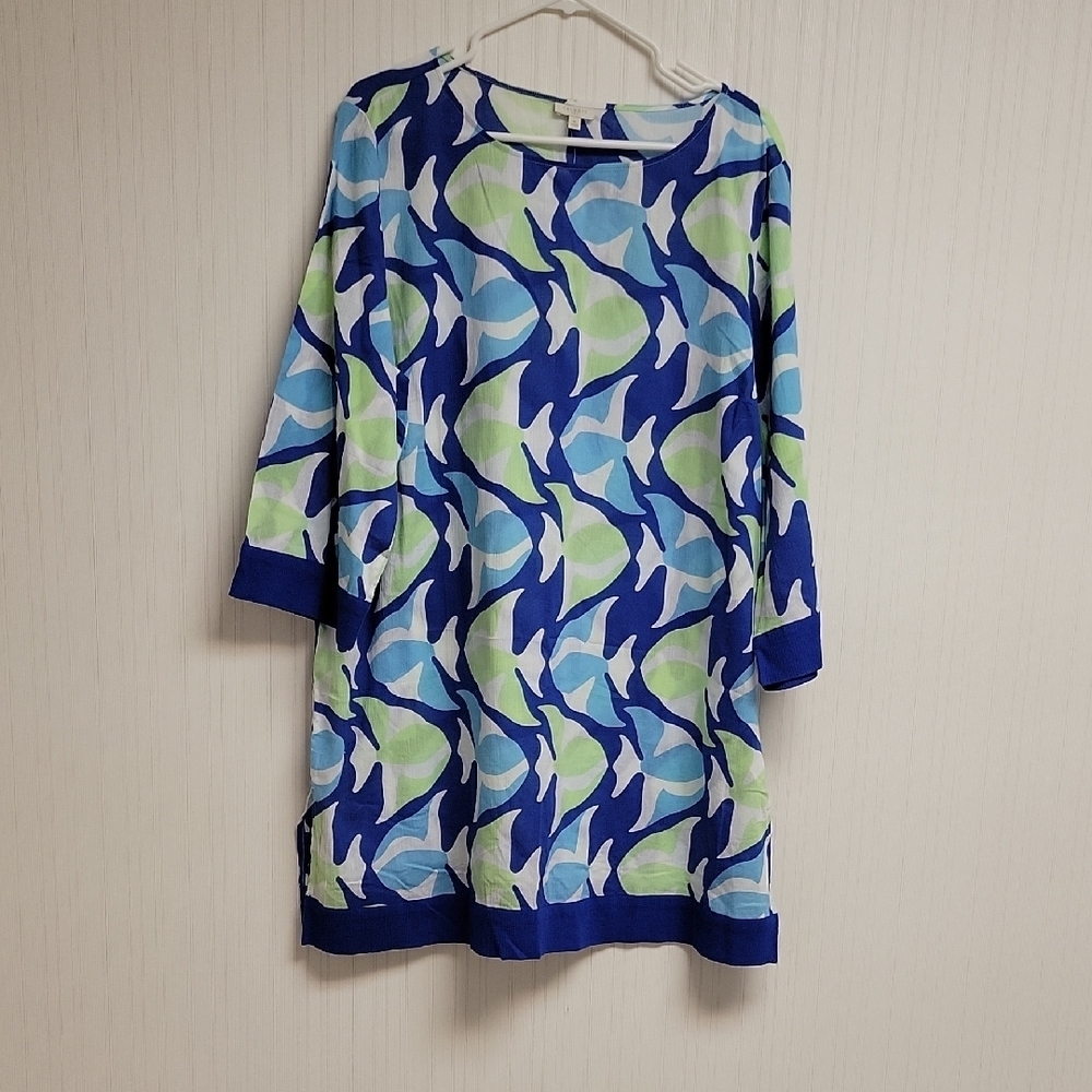 Talbot's Blue & Green Fish print Dress Sz XL Coastal New lightweight colorful
